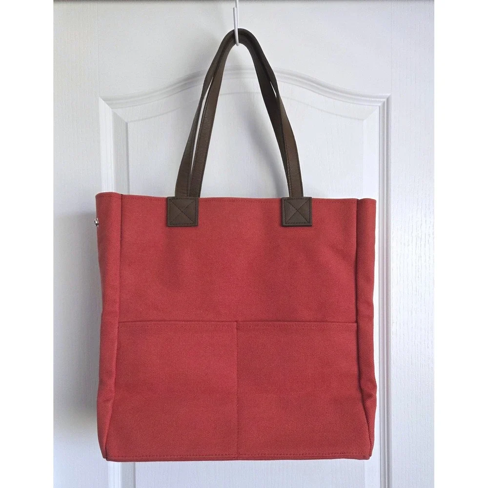 Restoration Hardware Red Canvas Tote Bag Brown Straps Pockets Metal Feet